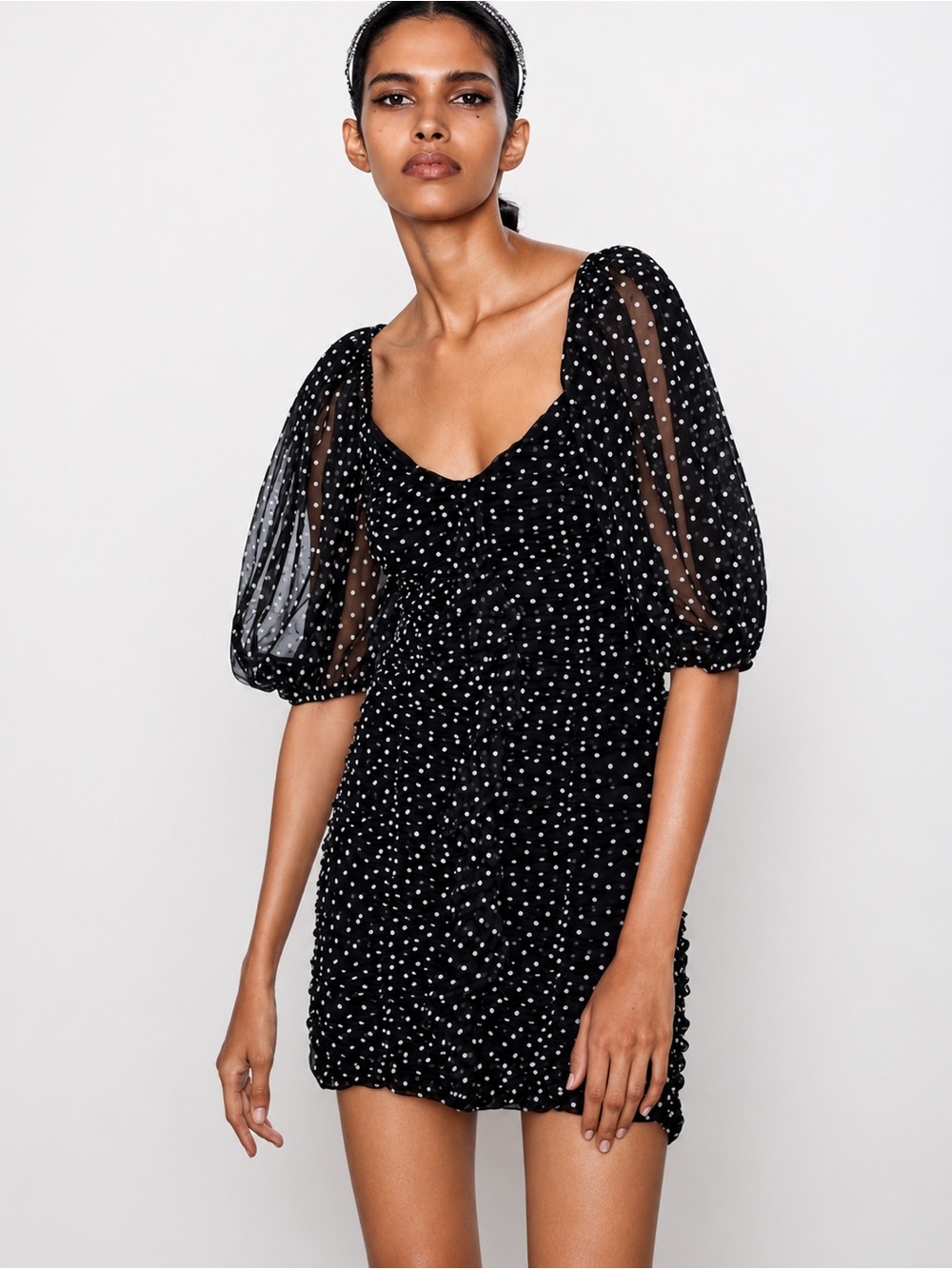 Zara Black and white polka dot Mini Dress sheer Sleeves Rouched Influencer fave